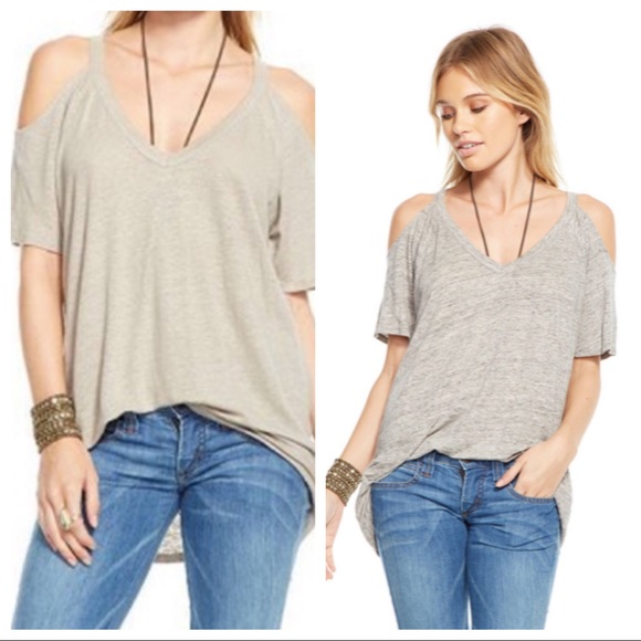 Chaser Tops - M Chaser Cold Shoulder T-shirt Top Taupe Linen Med